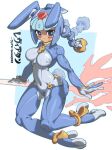  alternate_costume andorlier android armor blue_armor blue_eyes blue_footwear blush boots commentary_request fairy_leviathan_(mega_man) forehead_jewel heart heart_in_eye helmet high_heel_boots high_heels highres holding holding_polearm holding_weapon mega_man_(series) mega_man_zero_(series) navel polearm robot_girl symbol_in_eye thigh_boots translation_request weapon 