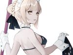  1girl artoria_pendragon_(all) artoria_pendragon_(alter_swimsuit_rider)_(fate) back bare_arms bare_shoulders bikini black_bikini blonde_hair braid braided_bun breasts choker covered_nipples ett fate/grand_order fate_(series) frilled_choker frills from_behind gloves hair_bun halter_top halterneck highres holding looking_at_viewer looking_back maid_headdress medium_breasts open_mouth short_hair sidelocks skindentation solo strap_gap string_bikini suggestive_fluid swimsuit tied_hair upper_body white_gloves yellow_eyes 