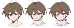  1boy bleeding_from_forehead blood blood_from_mouth blood_on_clothes blood_on_face brown_eyes brown_hair chinese_commentary closed_mouth commentary_request hair_between_eyes jabuchi_you jiaotang_xianjing male_focus multiple_views open_mouth saibou_shinkyoku shirt short_hair simple_background smile v-shaped_eyebrows white_background white_shirt 