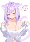  1girl ahoge animal_ear_fluff animal_ears blush breasts cat_ears cat_girl cat_tail cleavage earl_grey_no_chaba heart highres hololive large_breasts looking_at_viewer medium_hair nekomata_okayu nekomata_okayu_(oversized_shirt) official_alternate_costume open_mouth purple_eyes purple_hair shirt smile solo spoken_heart tail virtual_youtuber white_background white_shirt 