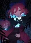  1girl black_shirt blue_bow bow breasts cape closed_mouth collared_shirt disembodied_head garasuno hair_bow highres long_sleeves looking_at_viewer open_mouth red_cape red_eyes red_hair sekibanki sekibanki_day shirt short_hair small_breasts solo touhou upper_body 