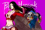  1girl animal black_eyes black_hair blue_eyes boa_hancock character_name commentary_request earrings eilinna english_commentary epaulettes forked_tongue jewelry long_hair long_sleeves midriff mixed-language_commentary navel one_piece open_mouth purple_background salome_(one_piece) simple_background skull snake snake_earrings teeth tongue tongue_out 
