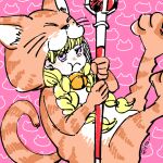  1girl :t animal_costume blonde_hair blush braid cat_costume dragon_quest dragon_quest_xi holding holding_scepter itowo_(itowc) jitome long_hair looking_at_viewer pink_background pout purple_eyes scepter signature simple_background solo twin_braids veronica_(dq11) 