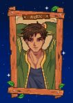  1boy alex_(stardew_valley) arms_behind_head black_shirt blue_sky brown_hair character_name closed_mouth collarbone commentary english_commentary green_eyes green_jacket highres jacket leaf looking_at_viewer male_focus mimpish pectoral_cleavage pectorals picture_frame pixel_art portrait shirt short_bangs short_hair sky smile solo star_(sky) stardew_valley starry_sky tan 