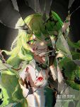  1girl :d artist_name bandaged_arm bandages black_dress black_gloves blood blood_on_breasts blood_on_clothes blood_on_face broken_mirror commentary_request crack crown different_reflection dress glitch gloves glowing glowing_eye green_eyes green_hair highres honkai_(series) honkai_impact_3rd long_hair looking_at_viewer mirror mobius_(honkai_impact) open_mouth rain_marginals_(rainymi) reflection sleeveless sleeveless_dress smile solo twitter_username wavy_hair 