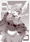  0-den 1girl :&gt; absurdres bandages blush bow cloak closed_mouth commentary_request disembodied_hand greyscale hair_bow hand_in_own_hair hand_on_own_hip highres long_sleeves looking_at_viewer midriff monochrome navel sekibanki sekibanki_day short_hair skirt solo touhou variant_set 