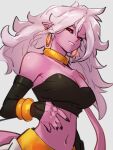  1girl android_21 black_sclera breasts cleavage colored_sclera colored_skin dragon_ball dragon_ball_fighterz earrings grey_background hoop_earrings jewelry kemachiku long_hair looking_at_viewer majin_android_21 medium_breasts midriff navel pink_skin pointy_ears red_eyes simple_background smile solo tail white_hair 