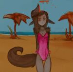  animal_humanoid beach black_hair bow breasts broken_horn brown_eyes bulge cleavage clothed clothing crotch_lines demon demon_humanoid devy_(portals_of_phereon) erection frown genital_outline gynomorph hair halo hands_behind_back horn humanoid intersex long_hair looking_down one-piece_swimsuit penis_outline pink_clothing plant portals_of_phereon sand sea seaside small_breasts solo standing swimwear syvaron tree water 