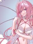  1girl absurdres bare_shoulders bikini breasts earrings elf elysia_(honkai_impact) heart heart_necklace highres holding holding_umbrella honkai_(series) honkai_impact_3rd jewelry large_breasts long_hair looking_at_viewer navel necklace pink_hair pink_pupils pointy_ears purple_eyes ringeko-chan solo swimsuit umbrella unfinished very_long_hair white_background white_bikini white_headdress 
