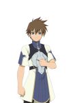  1boy allen_(tales) blue_eyes brown_hair clenched_hands hair_between_eyes hand_on_own_chest looking_at_viewer male_focus official_art short_hair short_sleeves smile solo tales_of_(series) tales_of_asteria tales_of_link transparent_background 