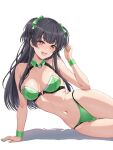  1girl :d arm_support bare_arms bare_legs bikini black_hair blunt_bangs blush bow breasts brown_eyes cleavage commentary_request detached_collar green_bikini green_bow green_nails hair_bow highleg highleg_bikini highres idolmaster idolmaster_shiny_colors long_hair mayuzumi_fuyuko medium_breasts nail_polish navel open_mouth simple_background smile solo strapless strapless_bikini swimsuit thigh_gap tsukiyuki_mike two_side_up white_background wristband 