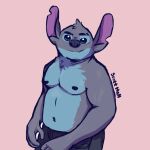  1:1 2021 alien anthro anthrofied blue_body blue_eyes blue_fur blue_nipples blue_nose chest_tuft clothed clothing colored_sketch digital_drawing_(artwork) digital_media_(artwork) disney experiment_(lilo_and_stitch) eyebrows fur head_tuft humanoid_hands lilo_and_stitch looking_at_viewer male nipples notched_ear pink_background scar scott_ahall signature simple_background solo stitch_(lilo_and_stitch) topless tuft 