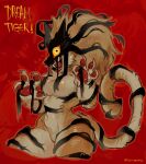 anthro dream_tiger_(govy9807) fangs felid female fur hair hi_res looking_at_viewer mammal monster pantherine pawpads red_background red_pawpads side_view simple_background solo tan_body tan_fur teeth text tiger yellow_eyes zoruyoung 