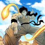  1boy blue_sky clenched_teeth cloud commentary cross_scar dougi dragon_ball dragon_ball_(classic) energy_ball english_commentary from_below highres jinjango male_focus motion_lines muscular muscular_male scar scar_across_eye scar_on_cheek scar_on_face sky solo squatting teeth veins wristband yamcha 