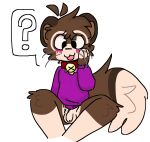  anthro balls bell bell_collar blush bottomless bottomless_anthro bottomless_male choclattemilk clothed clothing collar colored flaccid foreskin front_view fur genitals hand_on_face hi_res humanoid_genitalia humanoid_penis male mammal multicolored_body multicolored_fur nervous penis question_mark shy simple_background sitting solo sweater topwear whiskers 