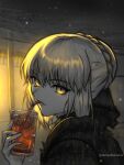  1girl artist_name artoria_pendragon_(fate) black_bow blonde_hair bow braid drinking drinking_straw fate/stay_night fate_(series) from_side hair_between_eyes hair_bow harutoyumaarts highres holding limited_palette looking_at_viewer portrait saber_alter short_hair solo yellow_eyes 