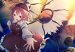  1girl absurdres animal_ears bird_ears bird_wings blush brown_dress brown_headwear commentary_request dress from_above hat highres huge_filesize long_sleeves looking_at_viewer mamemochi mystia_lorelei open_mouth red_eyes red_hair short_hair solo touhou water wings 