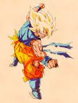  1boy blonde_hair blood blood_from_mouth blue_footwear blue_sash blue_shirt blue_wristband boots dragon_ball dragon_ball_z fighting_stance full_body green_eyes highres male_focus muscular muscular_male orange_pants orange_shirt pants pato007711 sash shirt simple_background solo son_goku super_saiyan super_saiyan_1 torn_clothes torn_pants torn_shirt 