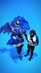  2024 3_toes 3d_(artwork) 4k 5_fingers 5_toes 9:16 absurd_res anthro anthrofied armor big_breasts big_ears black_body black_fur black_hair blue_background blue_body blue_eyes blue_fur breasts cleavage clothed clothing crown curvy_figure cutie_mark digital_media_(artwork) domi_(domibun) domibun duo equid equine ethereal_hair ethereal_tail eyelashes feathered_wings feathers feet female fingers floppy_ears friendship_is_magic fur hair hasbro headgear hi_res horn lagomorph leporid long_ears long_tail mammal multicolored_body multicolored_fur my_little_pony mythological_creature mythological_equine mythology princess princess_luna_(mlp) rabbit royalty side_boob simple_background skimpy smile source_filmmaker_(artwork) tail teal_eyes thick_thighs thong tiara toes unconvincing_armor underwear unicorn_horn warfare_machine wide_hips winged_unicorn wings 