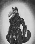  absurd_res anthro avian bananathief bedroom_eyes bird clothing collar ear_piercing english_text harness hi_res leather male monochrome muscular muscular_male narrowed_eyes piercing potion ramphastos rubber rubber_suit seductive solo spikes starbreath text toco_toucan toucan toucat vials 