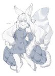  00syno 1girl animal_ears bare_shoulders blue_eyes blue_jacket body_fur braid buttons cropped_legs detached_sleeves double-breasted drill_hair feet_out_of_frame fox_ears fox_girl fox_tail fur-trimmed_jacket fur_trim furry furry_female highres hikimayu jacket long_hair looking_at_viewer original side_braid signature simple_background single_braid sleeves_past_fingers sleeves_past_wrists smile solo standing tail twin_drills white_background white_fur white_hair 