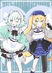  2girls apron asymmetrical_legwear black_gloves black_pantyhose black_ribbon blonde_hair blue_eyes blue_hat blue_ribbon blunt_bangs bow bowtie brown_bow brown_bowtie commentary cropped_jacket detached_sleeves dokibird_(vtuber) dress earrings feet_out_of_frame fingerless_gloves garter_straps gloves green_dress green_eyes green_hair green_sleeves grey_jacket grin hair_between_eyes hair_ornament hair_ribbon hairclip hand_on_own_hip hand_up hat highres indie_virtual_youtuber jacket jewelry long_hair long_sleeves looking_at_viewer maid_headdress mint_fantome multiple_girls one_eye_closed open_mouth pantyhose pouch ribbon short_hair side-by-side single_leg_pantyhose single_thighhigh sleeveless sleeveless_dress sleeves_past_fingers sleeves_past_wrists smile sparkle standing symbol-only_commentary thigh_pouch thigh_strap thighhighs touru_(eo_052605) twintails twitter_username two_side_up v virtual_youtuber waist_apron white_apron white_ribbon white_thighhighs wide_sleeves 