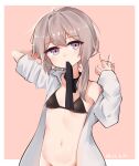  1girl bangs black_bra black_neckwear bottomless bra collared_shirt dated eyebrows_visible_through_hair flat_chest girls_frontline grey_hair hair_tie long_hair long_sleeves looking_at_viewer m200_(girls_frontline) messy_hair mouth_hold navel necktie necktie_in_mouth off_shoulder open_clothes open_shirt platinum-mix ponytail purple_eyes shirt simple_background solo tying_hair underwear upper_body white_shirt 