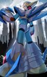  1boy android arm_cannon armor blurry blurry_background building cang_she cloud falcon_armor_x_(mega_man) forehead_jewel from_behind full_body glint green_eyes helmet highres male_focus mechanical_wings mega_man_(series) mega_man_x_(series) outdoors skyscraper solo weapon white_armor white_helmet wings x_(mega_man) x_buster 