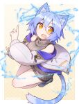 1girl absurdres animal_ear_fluff animal_ears blue_hair breasts cat_ears cat_tail electricity eyebrows_visible_through_hair fang fur_trim highres large_breasts looking_at_viewer open_mouth orange_eyes original ribbed_sweater ryota_tentei scar scar_on_cheek scar_on_face short_hair short_shorts shorts solo sweater sweater_vest sweatshirt tail tora_tentei 