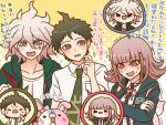  1girl 2boys ahoge anger_vein angry animal_bag backpack bag black_eyes blue_eyes blue_jacket body_switch bow breasts brown_hair buttons chibi collarbone collared_shirt commentary_request crazy_eyes crazy_smile crest crossed_arms danganronpa_(series) danganronpa_2:_goodbye_despair drooling eyelashes furrowed_brow green_eyes green_jacket green_necktie hair_between_eyes hair_ornament hairclip height_difference hinata_hajime hood hood_down hooded_jacket jacket komaeda_nagito large_breasts long_hair long_sleeves looking_at_another messy_hair monomi_(danganronpa) multiple_boys nanami_chiaki neck_ribbon necktie open_clothes open_jacket open_mouth pale_skin personality_switch pink_bag pink_bow pink_eyes pink_hair pink_ribbon pocket polka_dot polka_dot_background rabbit ribbon scratching_neck shirt short_hair short_sleeves simple_background sleeves_past_wrists smile solid_oval_eyes spiked_hair sweat translation_request trembling two-tone_background upper_body white_background white_hair white_shirt yellow_background yumaru_(marumarumaru) 