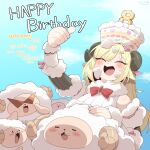 1girl :3 :d absurdres ahoge animal_ears artist_name blonde_hair blush bow cake cake_on_head closed_eyes cocomayo29_(tomato) commentary detached_sleeves food food_on_face fur-trimmed_collar fur-trimmed_sleeves fur_trim hair_ornament hairclip happy_birthday highres hololive horns korean_text red_bow sheep_ears sheep_girl sheep_horns smile solo sunglasses thumbs_up translation_request tsunomaki_watame tsunomaki_watame_(1st_costume) twitter_username virtual_youtuber watamate 