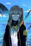  1girl armband bangs black_jacket brown_eyes brown_hair cloud commentary_request crying crying_with_eyes_open day girls_frontline hair_between_eyes highres jacket light_smile long_hair looking_at_viewer ocean one_side_up open_clothes open_jacket outdoors palm_tree scar scar_across_eye scarf sena_yuuta shade shirt sidelocks sky solo tears tree ump45_(girls_frontline) upper_body water white_shirt 