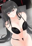  1girl black_bra black_hair blue_archive bra breasts cleavage collarbone highres kagura_ittou long_hair looking_at_viewer on_bed red_eyes rio_(blue_archive) sitting solo underwear 
