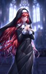  1girl absurdres been black_dress black_headwear blurry blurry_background church closed_eyes closed_mouth dress elesis_(elsword) elsword eyebrows_visible_through_hair floating_hair hands_clasped highres indoors long_hair long_sleeves nun own_hands_together red_hair see-through_silhouette shiny shiny_hair solo standing veil very_long_hair 