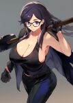  1girl absurdres belt black-framed_eyewear black_belt black_gloves black_hair black_pants black_tank_top breasts cleavage clenched_hand closed_mouth commentary_request from_above glasses gloves grey_background hammer highres holding holding_behind_back holding_hammer huge_breasts jacket jacket_on_shoulders long_hair minakata_hizuru mole mole_under_mouth negresco pants purple_eyes sledgehammer solo standing summertime_render swept_bangs tank_top 