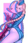  1girl absurdres ass blonde_hair blue_eyes braid breasts calvin_sims cammy_white fingerless_gloves garrison_cap gloves hat highres lips long_braid long_hair looking_at_viewer medium_breasts parted_lips scar scar_on_cheek scar_on_face solo street_fighter street_fighter_zero_(series) thighs 