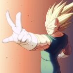  1boy arm_up blonde_hair blue_pants blue_shirt commentary_request dragon_ball dragon_ball_(classic) forehead furrowed_brow gloves gradient_background green_eyes grin happy highres kihada_magulo looking_up male_focus muscular muscular_male orange_background outstretched_arm pants shirt simple_background sleeveless sleeveless_shirt smile solo spiked_hair super_saiyan super_saiyan_1 teeth v-shaped_eyebrows vegeta white_gloves 