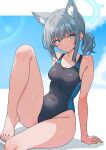  1girl animal_ear_fluff animal_ears bare_arms bare_legs bare_shoulders barefoot black_one-piece_swimsuit blue_archive blue_eyes blue_halo blush breasts cleavage closed_mouth collarbone competition_swimsuit cross_hair_ornament extra_ears grey_hair hair_ornament halo highres kamidan looking_at_viewer medium_breasts medium_hair official_alternate_costume one-piece_swimsuit shiroko_(blue_archive) shiroko_(swimsuit)_(blue_archive) smile solo swimsuit toes wolf_ears 