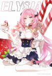  absurdres apron black_choker black_dress black_footwear blue_eyes breasts butterfly_hair_ornament cake character_name choker cleavage clothing_cutout dress elbow_gloves elysia_(honkai_impact) elysia_(miss_pink_elf)_(honkai_impact) fake_horns food gloves hair_between_eyes hair_ornament highres holding holding_plate honkai_(series) honkai_impact_3rd horns long_hair looking_at_viewer maid maid_apron maid_headdress on_ground pink_hair pink_pupils plate puffy_sleeves side_cutout solo steel_wool_catfish_essence strawberry_shortcake thighhighs white_background white_gloves white_thighhighs 