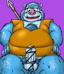  2013 anthro balls blue_body blue_fur clothed clothing dragon_quest erection fur genitals humanoid_genitalia humanoid_hands humanoid_penis kemono male mammal orc_(dragon_quest) orc_king_(dragon_quest) overweight overweight_male penis solo square_enix suid suina sus_(pig) uhokue video_games weapon wild_boar 