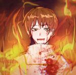  1boy bleeding_from_forehead blood blood_from_mouth blood_on_clothes blood_on_face brown_eyes brown_hair chinese_commentary commentary_request fire jabuchi_you limao_hei_dou_chai looking_at_viewer male_focus open_mouth portrait saibou_shinkyoku shirt short_hair smile solo white_shirt 