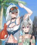  2girls :p ahoge animal_ears arknights arm_up armpits bag bangs bare_shoulders black_choker blue_bow blue_sky bow breasts choker cleavage collar collarbone day eyewear_on_head food grani_(arknights) green_shirt hair_between_eyes height_difference highres holding holding_food horse_ears horse_girl horse_hair_ornament ice_cream ice_cream_cone inflatable_orca inflatable_toy long_hair looking_away looking_to_the_side medium_breasts multiple_girls navel off-shoulder_shirt off_shoulder orange-tinted_eyewear orca_hair_ornament outdoors palm_tree polka_dot polka_dot_bow ponytail purple_eyes red_eyes shading_eyes shirt silver_hair skadi_(arknights) skadi_(waverider)_(arknights) sky smile stomach sunglasses tongue tongue_out tree xia_oekaki 