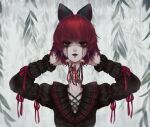  1girl black_bow black_eyes black_lips bow commentary_request disembodied_head earrings grey_background guro hair_bow holding_head jewelry long_sleeves looking_at_viewer red_hair sekibanki sekibanki_day short_hair solo touhou upper_body yatsuga_(kouahey_dierci) 