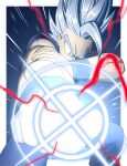  1boy absurdres ahoge aiming aiming_at_viewer arms_up blue_background border commentary_request constricted_pupils dougi dragon_ball dragon_ball_super dragon_ball_super_super_hero electricity energy forehead foreshortening furrowed_brow glowing gohan_beast grey_hair highres holding_own_arm huge_ahoge kihada_magulo legs_apart looking_at_viewer makankousappou male_focus muscular muscular_male outside_border outstretched_arm powering_up red_eyes simple_background sleeveless solo spiked_hair standing v-shaped_eyebrows white_border wide-eyed wristband 