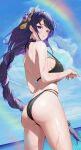  1girl absurdres ass back_tattoo bikini black_bikini blue_sky braid braided_ponytail breasts closed_mouth cloud day flower from_side genshin_impact hair_flower hair_ornament highres large_breasts long_hair looking_at_viewer looking_to_the_side mitsudomoe_(shape) ocean outdoors purple_eyes purple_hair qualia_(quaquaqualia) raiden_shogun rainbow sideboob skindentation sky solo strap_gap swimsuit tassel tassel_hair_ornament tattoo tomoe_(symbol) very_long_hair wet 