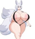  3_tails absurd_res animal_humanoid big_breasts bikini blue_eyes breasts canid canid_humanoid canine canine_humanoid clothing coffee_demon colored_nails fan_character female fox fox_ears fox_humanoid fox_spirit fur hair hi_res huge_breasts humanoid mammal mammal_humanoid mostly_nude multi_tail nails nipples one-piece_swimsuit simple_background solo swimwear tail white_body white_fur white_hair 