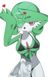  1girl arms_up bare_shoulders bikini black_bikini bob_cut breasts chinese_commentary clothed_pokemon collarbone colored_skin commentary cowboy_shot frilled_bikini frills gardevoir green_hair green_skin hair_over_one_eye heart highres large_breasts looking_at_viewer maid maid_bikini micro_bikini multicolored_skin one_eye_covered open_mouth pokemon pokemon_(creature) red_eyes short_hair simple_background skindentation solo standing string_bikini sweat swimsuit two-tone_skin unconventional_maid white_background white_skin younideyifengxin 