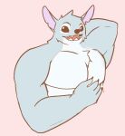  2021 4_fingers alien ami_ryth anthro anthrofied blue_body blue_fur chest_tuft disney experiment_(lilo_and_stitch) fingers flat_colors fur hand_behind_head lilo_and_stitch looking_at_viewer male muscular muscular_anthro muscular_male notched_ear open_mouth open_smile pecs simple_background smile solo stitch_(lilo_and_stitch) tuft 