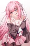 1girl absurdres bare_shoulders black_shirt black_thighhighs breasts cleavage elf elysia_(honkai_impact) english_commentary gradient_background highres honkai_(series) honkai_impact_3rd jinnnnnn23 large_breasts long_hair looking_at_viewer open_mouth pink_hair pink_pupils pink_skirt pointy_ears shirt skirt solo teeth thighhighs upper_teeth_only v very_long_hair white_veil 