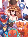  1girl absurdres arm_up bangs blush breasts brown_hair brown_headwear cleanerjay cleavage closed_mouth collarbone commentary_request dress flower gen_1_pokemon gen_2_pokemon gen_3_pokemon gen_4_pokemon gen_5_pokemon gen_6_pokemon green_dress greninja hat hat_flower highres kangaskhan korean_commentary landorus landorus_(therian) latios legendary_pokemon long_hair looking_at_viewer orange-framed_eyewear poke_ball_print pokemon pokemon_(game) pokemon_sm rotom rotom_(wash) shiny shiny_skin sightseer_(pokemon) skarmory smile sunglasses 
